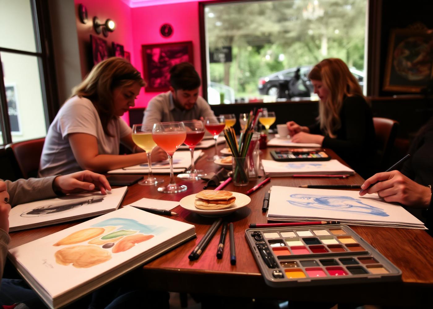 People drawing in sketchbooks with cocktails and pastries at Art Mondays