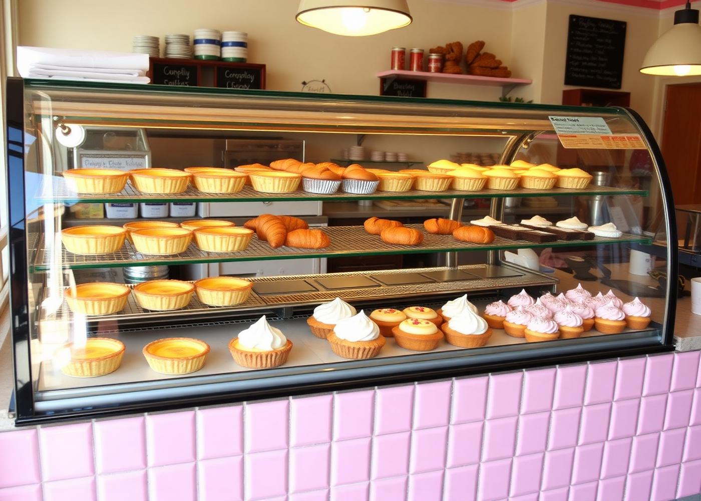Pastry case filled with custard tarts, croissants and meringue-topped buns