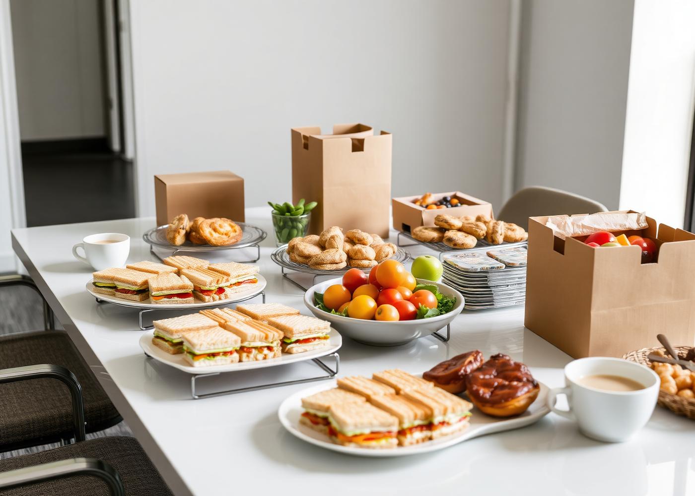 Catering platters of sandwiches, pastries and fruit on an office table