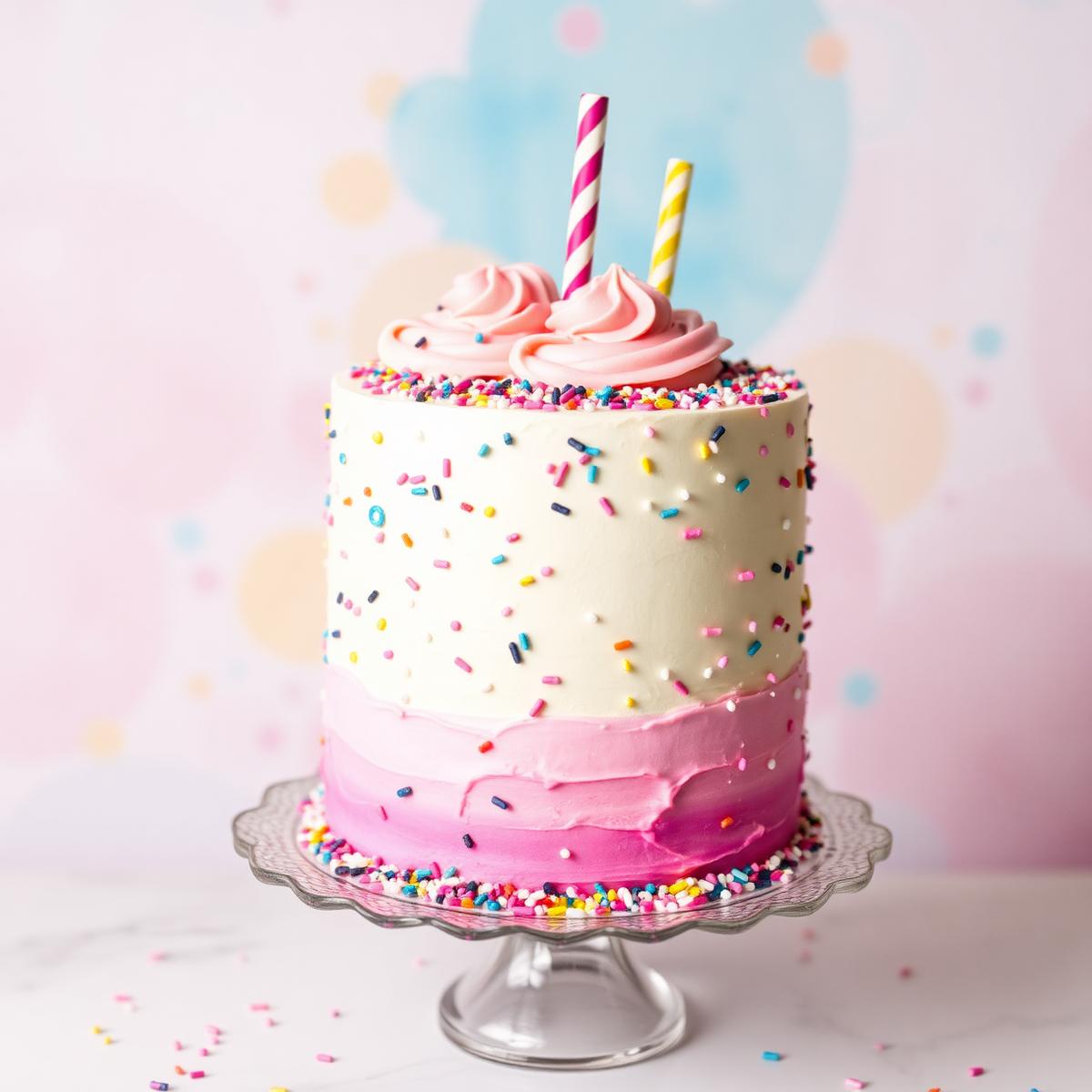 Colorful custom birthday cake with pink buttercream and sprinkles
