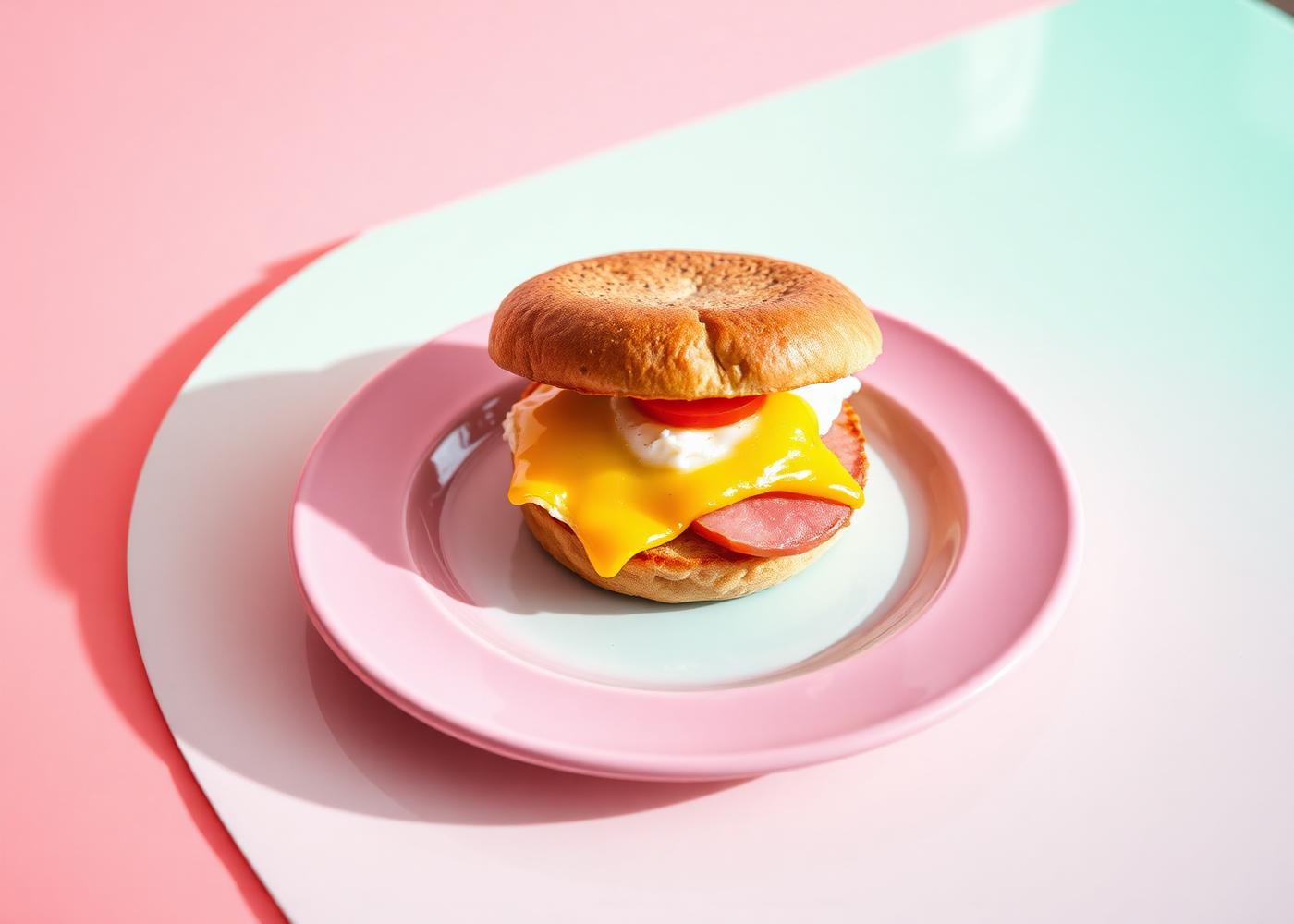 House-made English muffin sandwich with egg, cheddar and ham on a glass plate