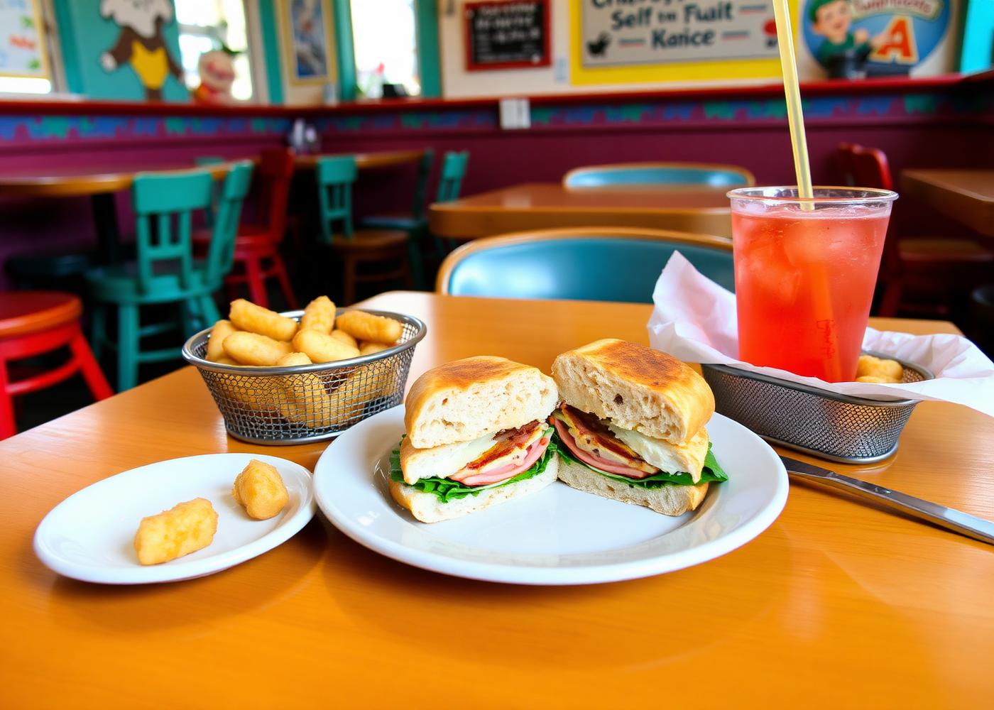 Lunch at Ugly Duckling: an English muffin sandwich cut in half with tots and an iced drink