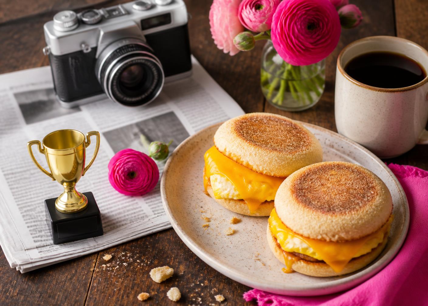 Press clippings, a vintage camera and a small trophy arranged on a rustic table beside Ugly Duckling's house-made English muffin sandwiches and coffee
